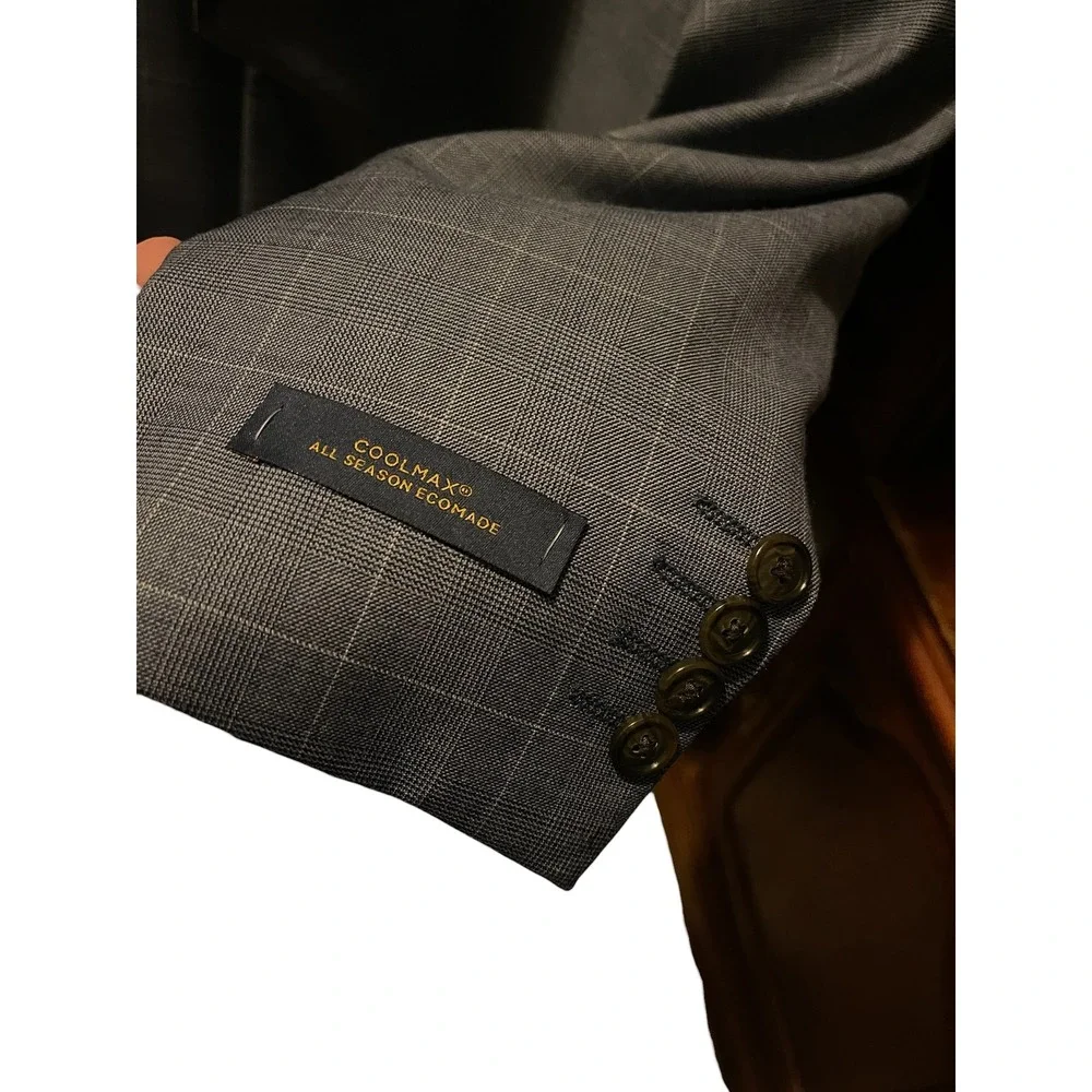 Stafford Coolmax Sports Coat Blazer Men's 50 R Windowpane Plaid Blue Wool Blend